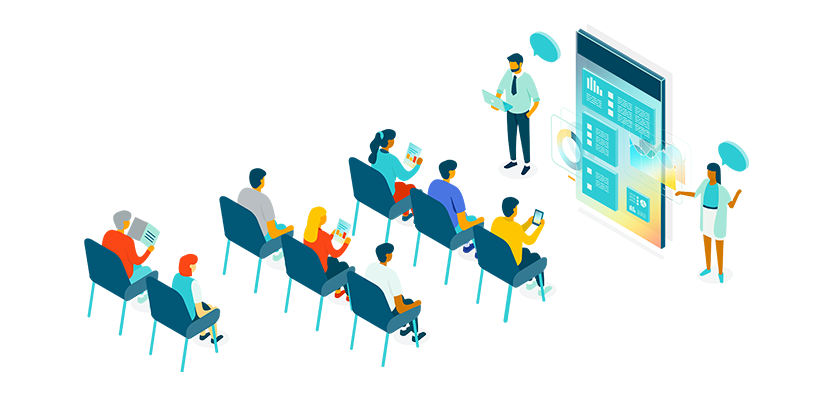 An isometric style illustration with two university professors giving a lecture to a seated group of students.