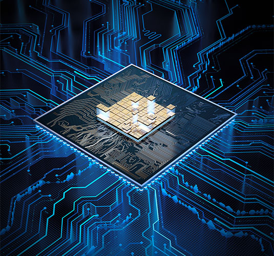 Stylized representation of a semiconductor with light blue traces representing electronic function.