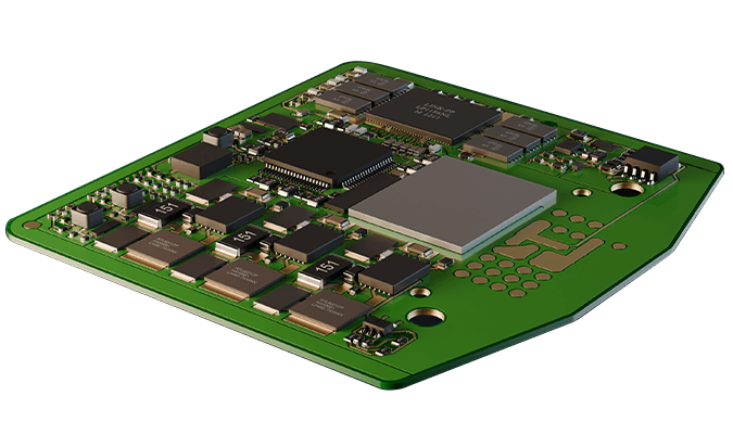 A closeup view of a PCB showing its many small components.