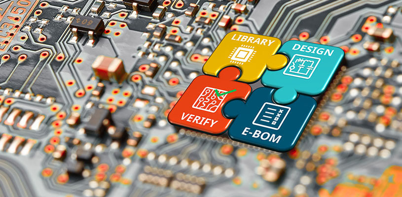 PCB with multicolored 3D rendered chip symbolizing a hardware design ecosystem for EDA.