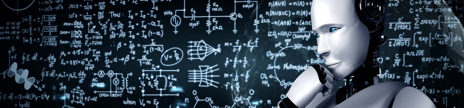 Robot headshot thinking in front of chalkboard with math equations; represents romAI.